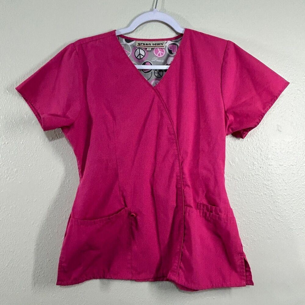 Green Town Scrub Top Womens S Fuchsia VNeck Wrap Front Pockets Elastic Back